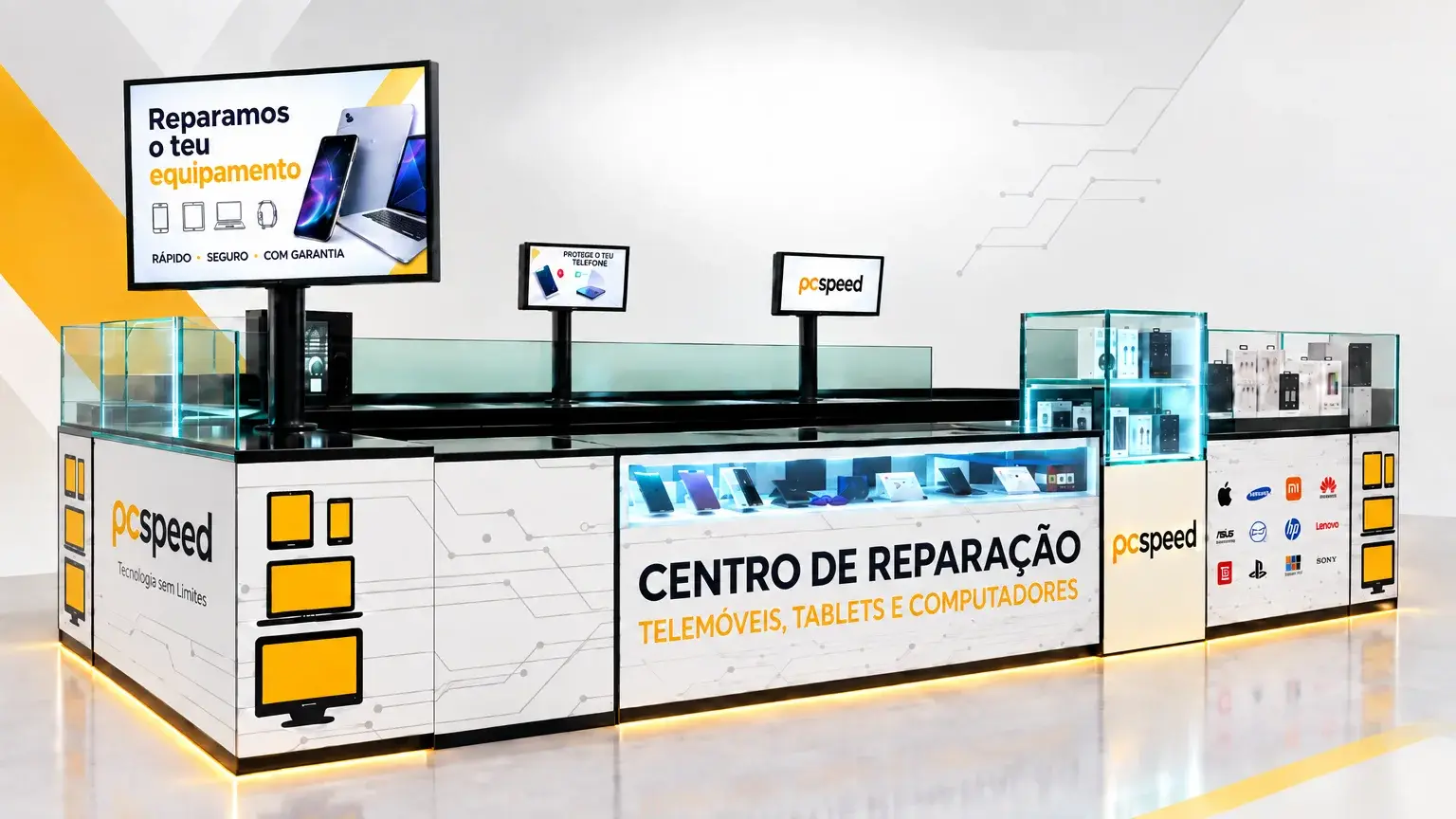Balcão da PCSPEED no Palácio do Gelo Shopping, em Viseu — centro de reparação de telemóveis, tablets e computadores
