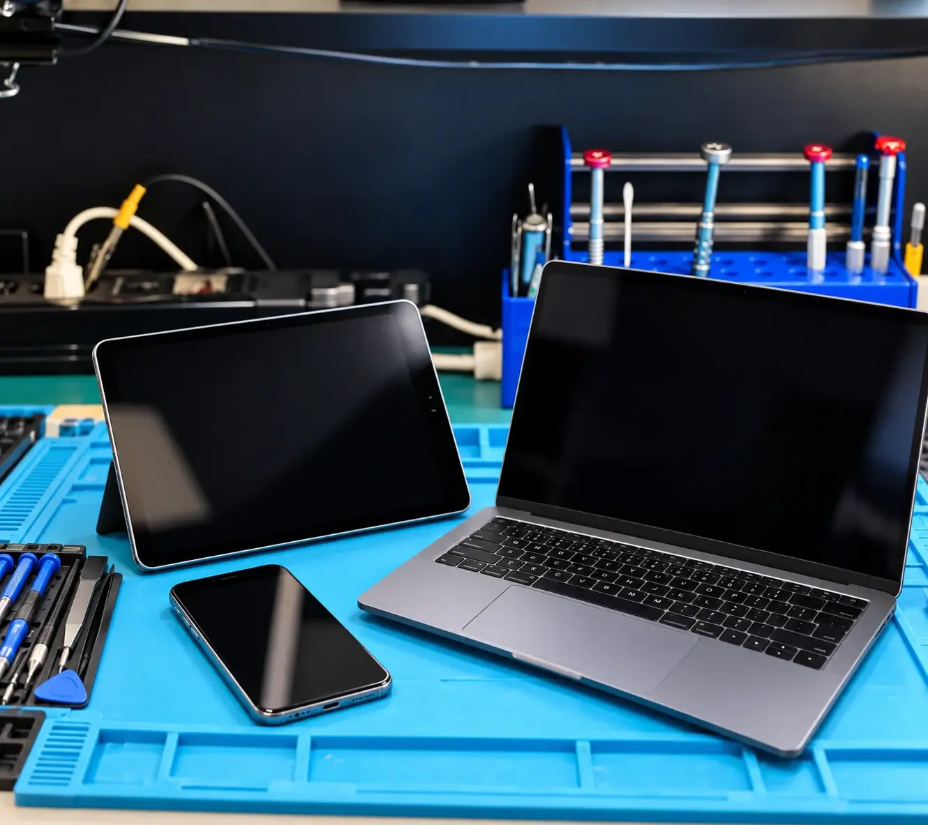 Phone, tablet and laptop on the PCSPEED repair bench in Viseu